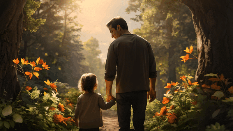 père et son enfant marchant calmement - générée par ia - origine pixabay