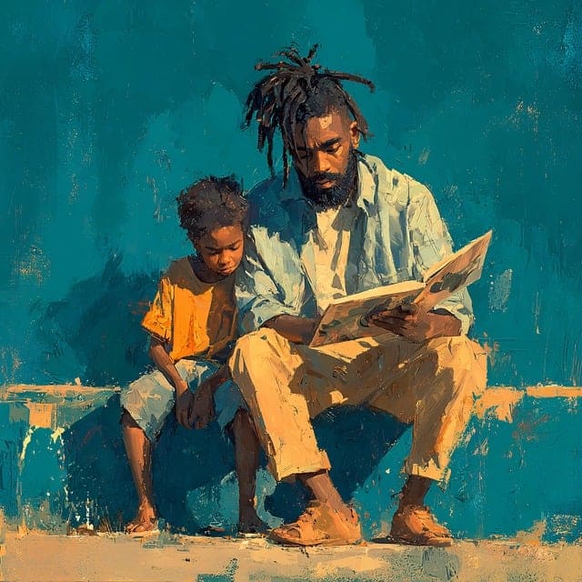 Père lisant un livre à son enfant effet peinture - image générée par ia - origine Pixabay